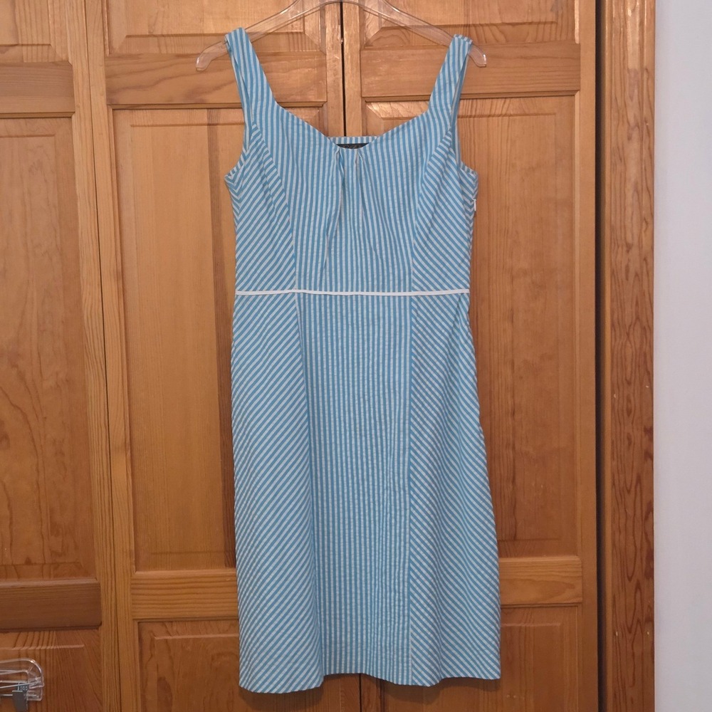 Brooks Brothers Dress Size 6 Seersucker Blue & White Stripe Fit & Flare Halter